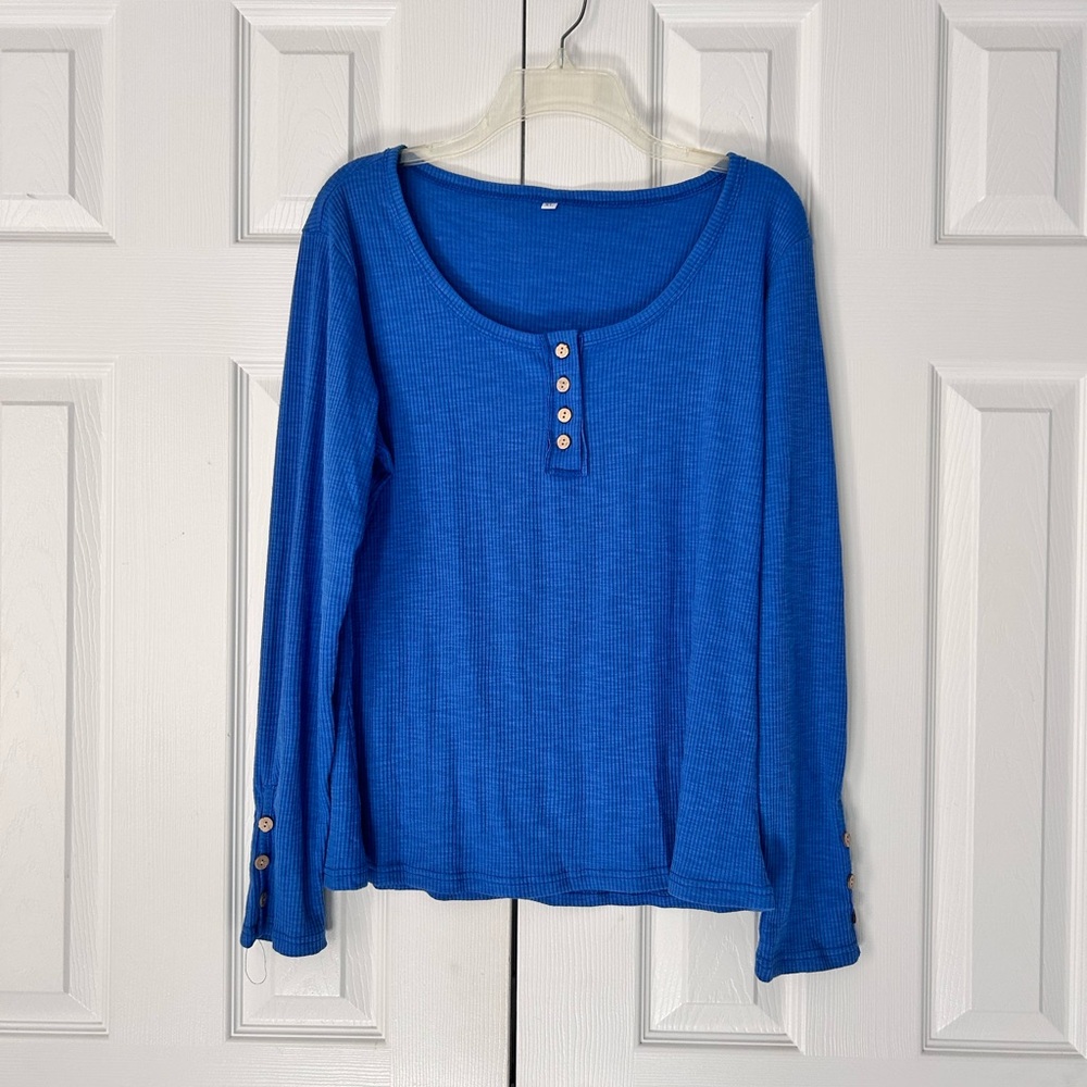 Henley Long Sleeved Shirt Royal Blue Button Detail XL Stretch